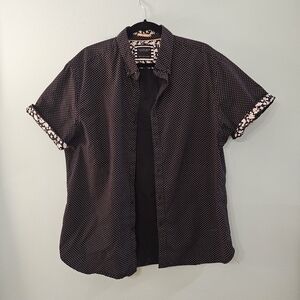 Men's Short Sleeve Black Microdot Button-Down Shirt With Floral Cuff